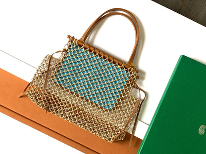SAC ALIGRE 40 EN RAPHIA TISSÉ ET CUIR DE VEAU BLEU BÉBÉ