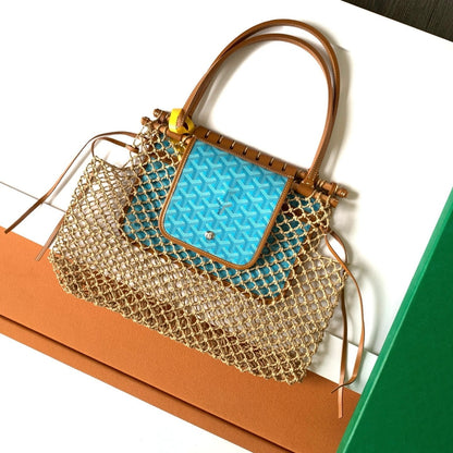 SAC ALIGRE 40 EN RAPHIA TISSÉ ET CUIR DE VEAU BLEU BÉBÉ