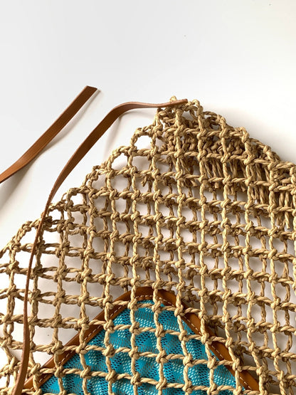 SAC ALIGRE 40 EN RAPHIA TISSÉ ET CUIR DE VEAU BLEU BÉBÉ