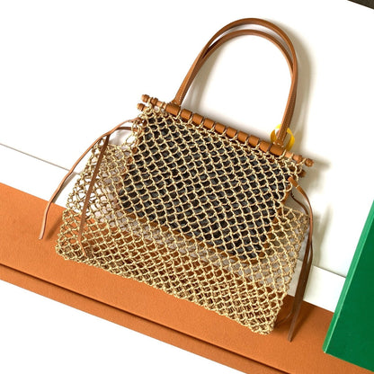 SAC ALIGRE 34 EN RAPHIA TRESSÉ MARRON ET CUIR DE VEAU