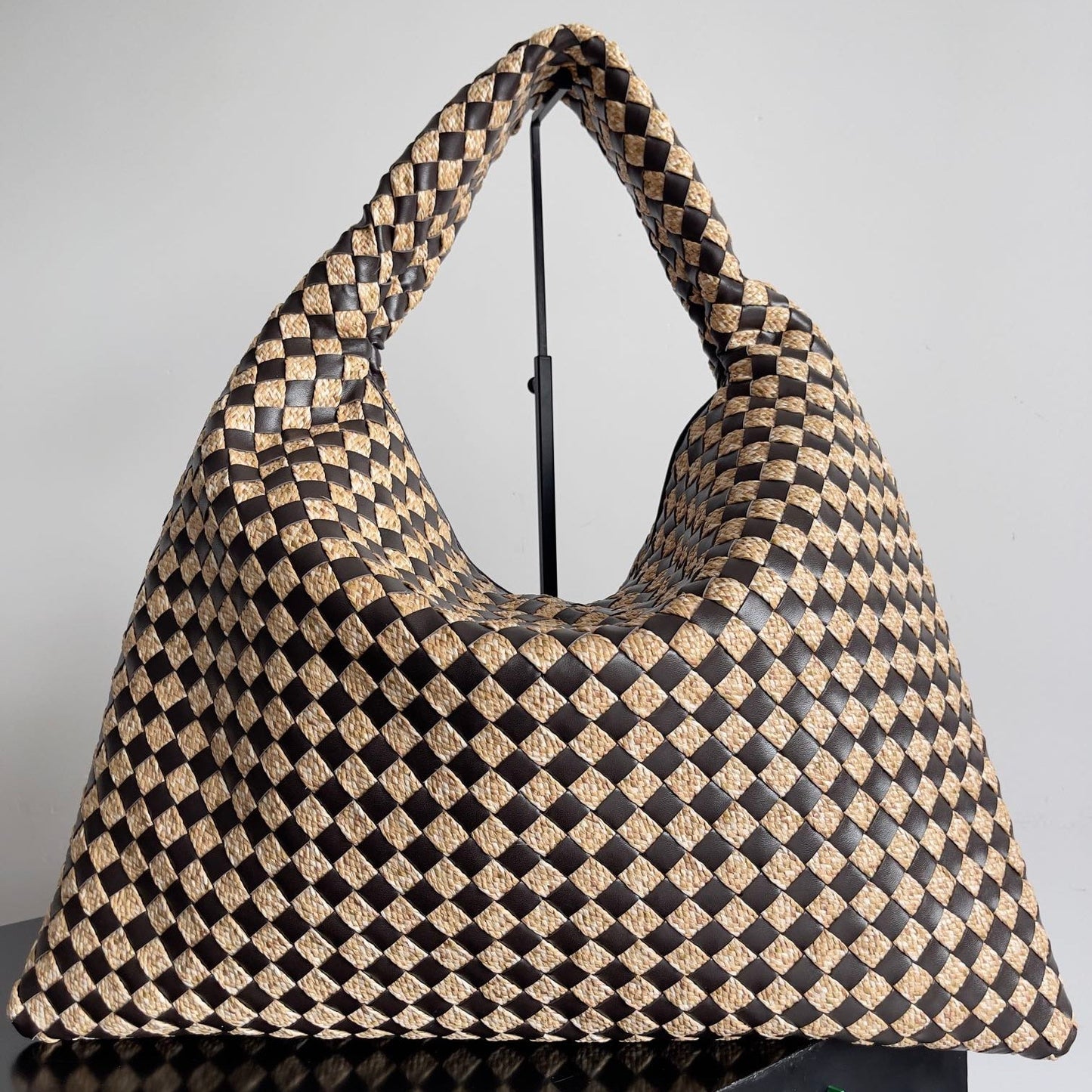BV Large Hop 54 Chocolate Cowhide Mix Beige Raffia 209070