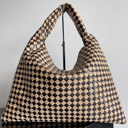 BV Large Hop 54 Chocolate Cowhide Mix Beige Raffia 209070