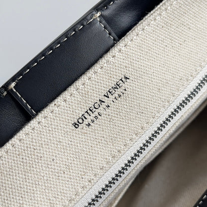 BV Small Andiamo 25 In Beige Canvas Black Calfskin 209015