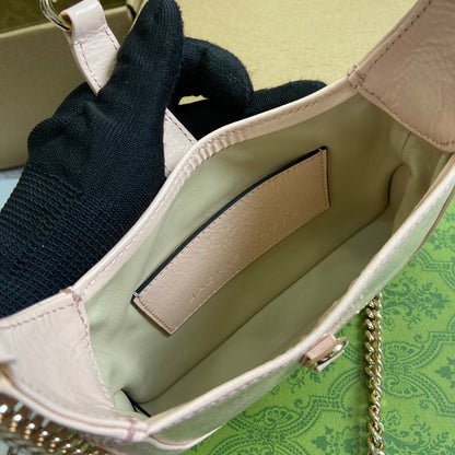 MINI SAC JACKIE NOTTE 19 EN CUIR DE VEAU LAQUÉ CRAQUELÉ ROSE CLAIR, QUINCAILLERIE DORÉE