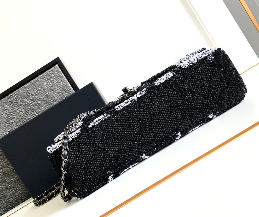 sac à rabat moyen 25 noir gris paillettes matériel argenté