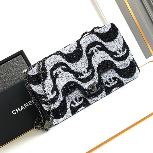 sac à rabat moyen 25 noir gris paillettes matériel argenté