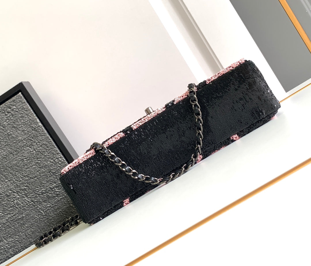 フラップバッグ ミディアム 25 ブラック ピンク スパンコール シルバー金具