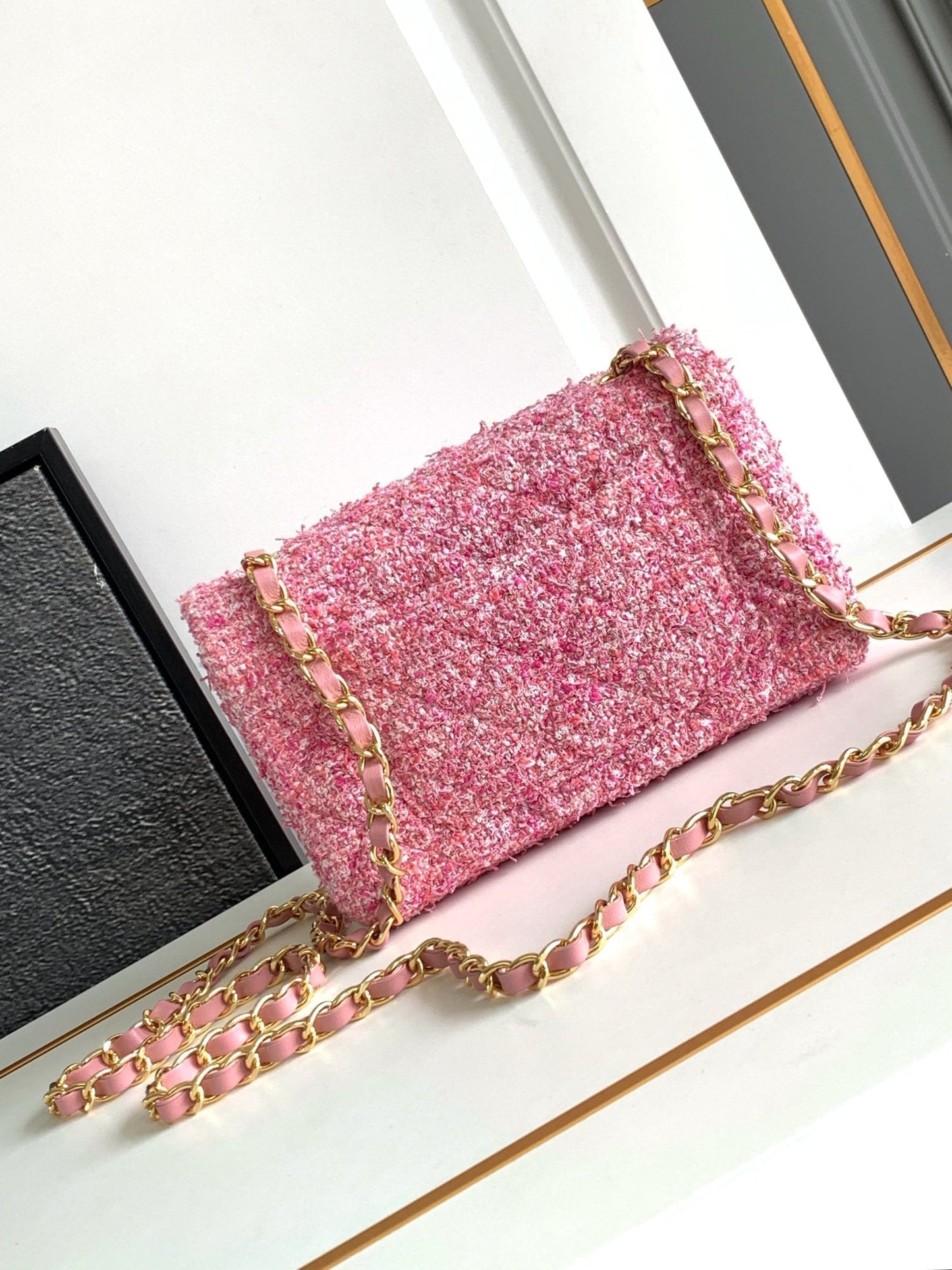 sac à rabat mini 20 tweed rose matériel argenté 
