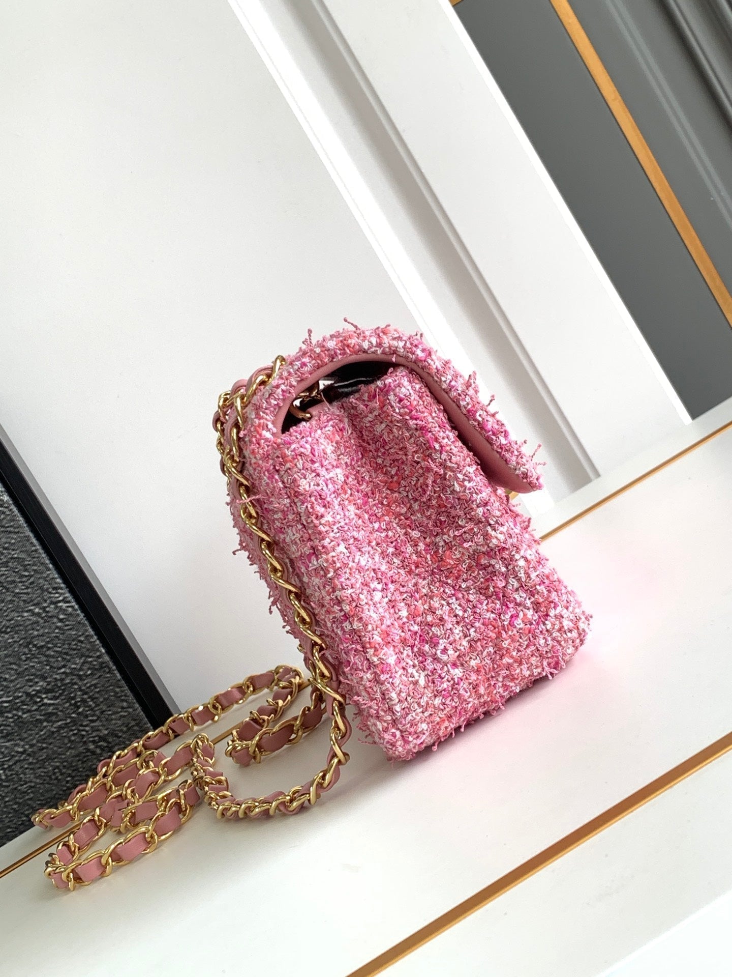 sac à rabat mini 20 tweed rose matériel argenté 