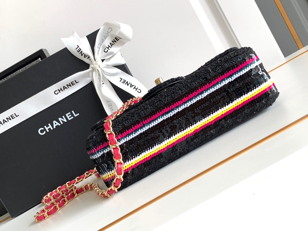 MINI SAC À MAIN CLASSIQUE 20 EN TWEED NOIR BRODÉ À PAILLETTES