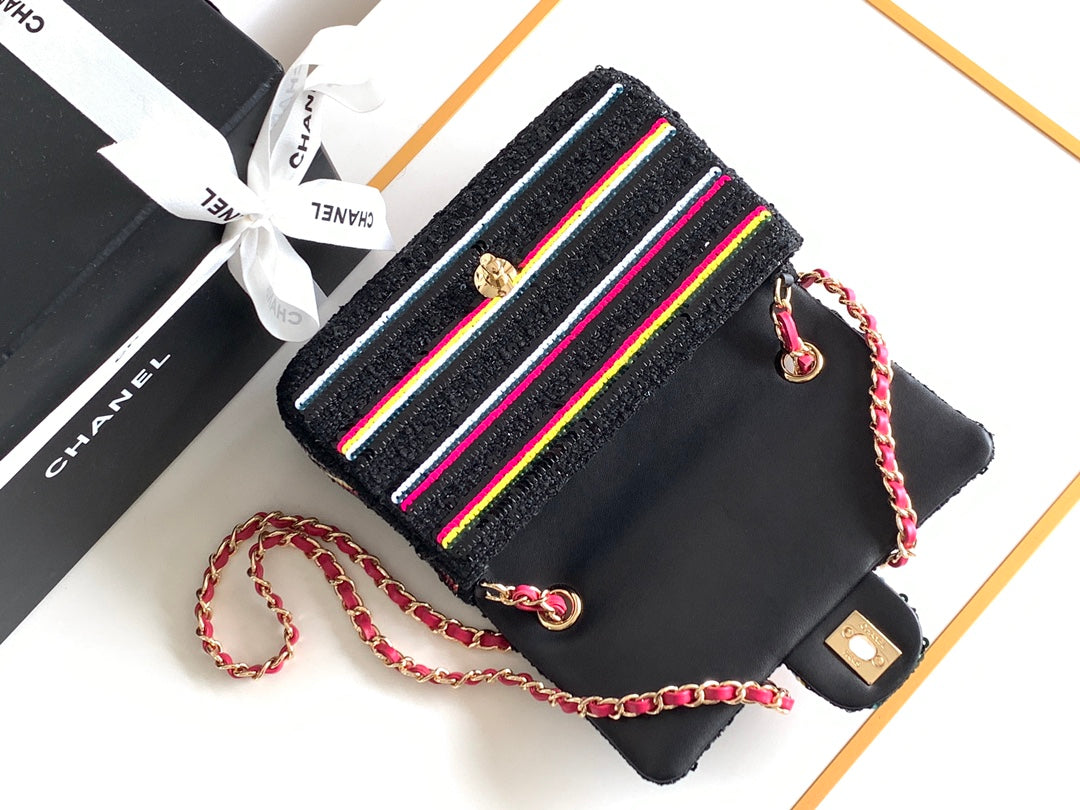 MINI SAC À MAIN CLASSIQUE 20 EN TWEED NOIR BRODÉ À PAILLETTES
