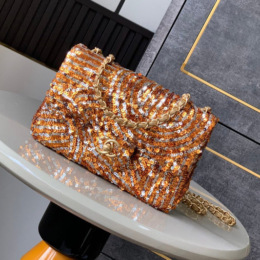 Sac à rabat Mini 20 cm Cuir de veau beige Paillettes bronze doré