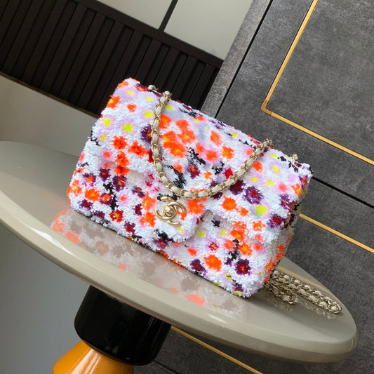 Mini sac à rabat 20 cm blanc orange à paillettes