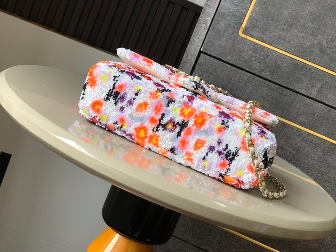 Mini sac à rabat 20 cm blanc orange à paillettes