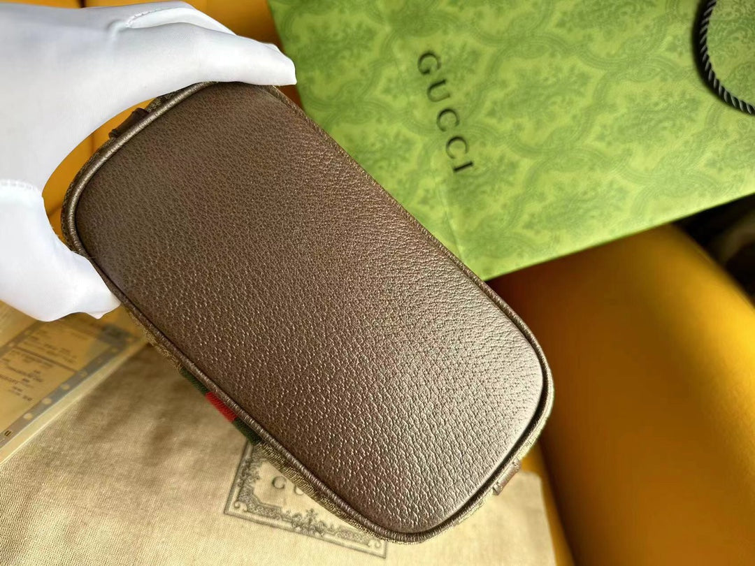 Petit sac bandoulière OPHIDIA 21 GG en toile beige et cuir de veau marron