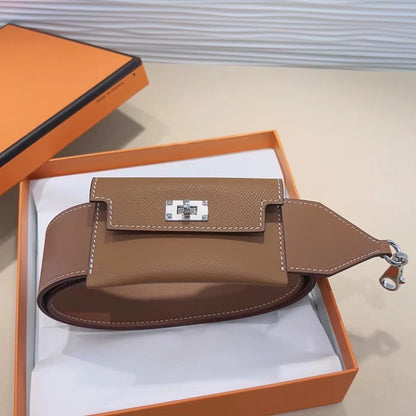 Bandoulière Kelly Pocket 50 mm en cuir Epsom marron avec quincaillerie argentée 