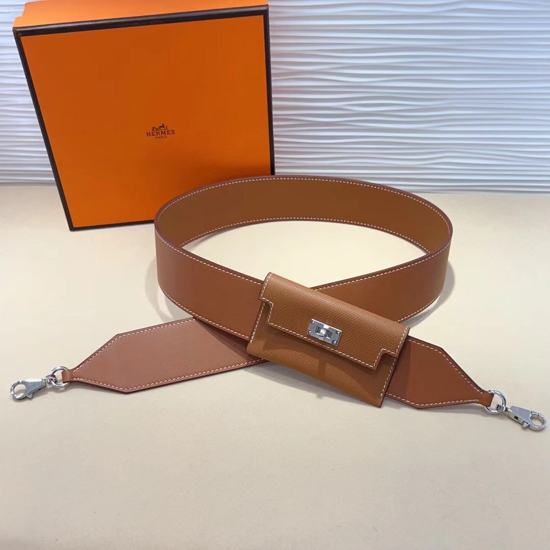 Bandoulière Kelly Pocket 50 mm en cuir Epsom marron avec quincaillerie argentée 
