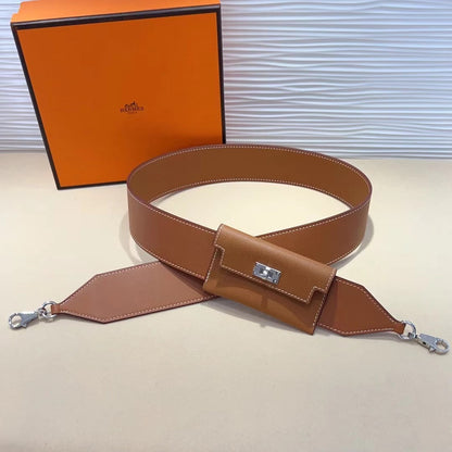 Bandoulière Kelly Pocket 50 mm en cuir Epsom marron avec quincaillerie argentée 