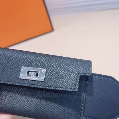 Bandoulière Kelly Pocket 50 mm en cuir Epsom noir et métal argenté 
