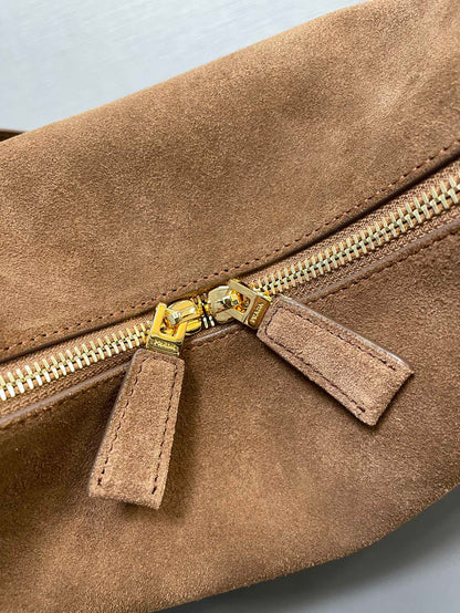 SAC BOWLING 25 EN DAIM MARRON CENDRÉ ET BORDURE EN CUIR DE VEAU LOGO DORÉ