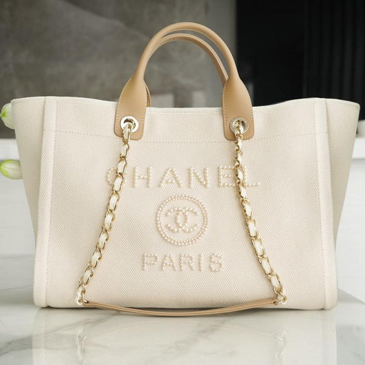 SAC CABAS 39 LOGO PERLE ATTACHÉ EN TOILE BEIGE QUINCAILLERIE DORÉ 