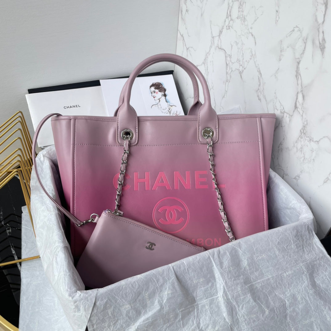 Sac shopping CC 34 cm en cuir de veau rose violet, accessoires argentés