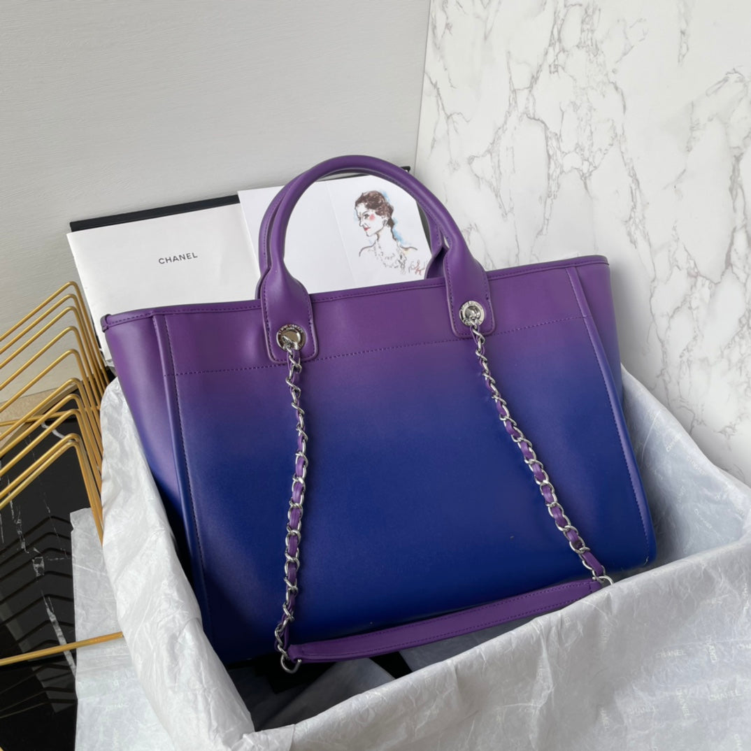 cc ショッピングバッグ 34cm パープルブルー カーフスキン シルバー金具
