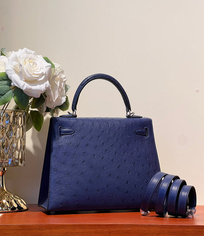 KELLY SELLIER 25 BAG IN NAVY BLUE OSTRICH LEATHER WITH SILVER HARDWARE (MADE - TO - ODER)
