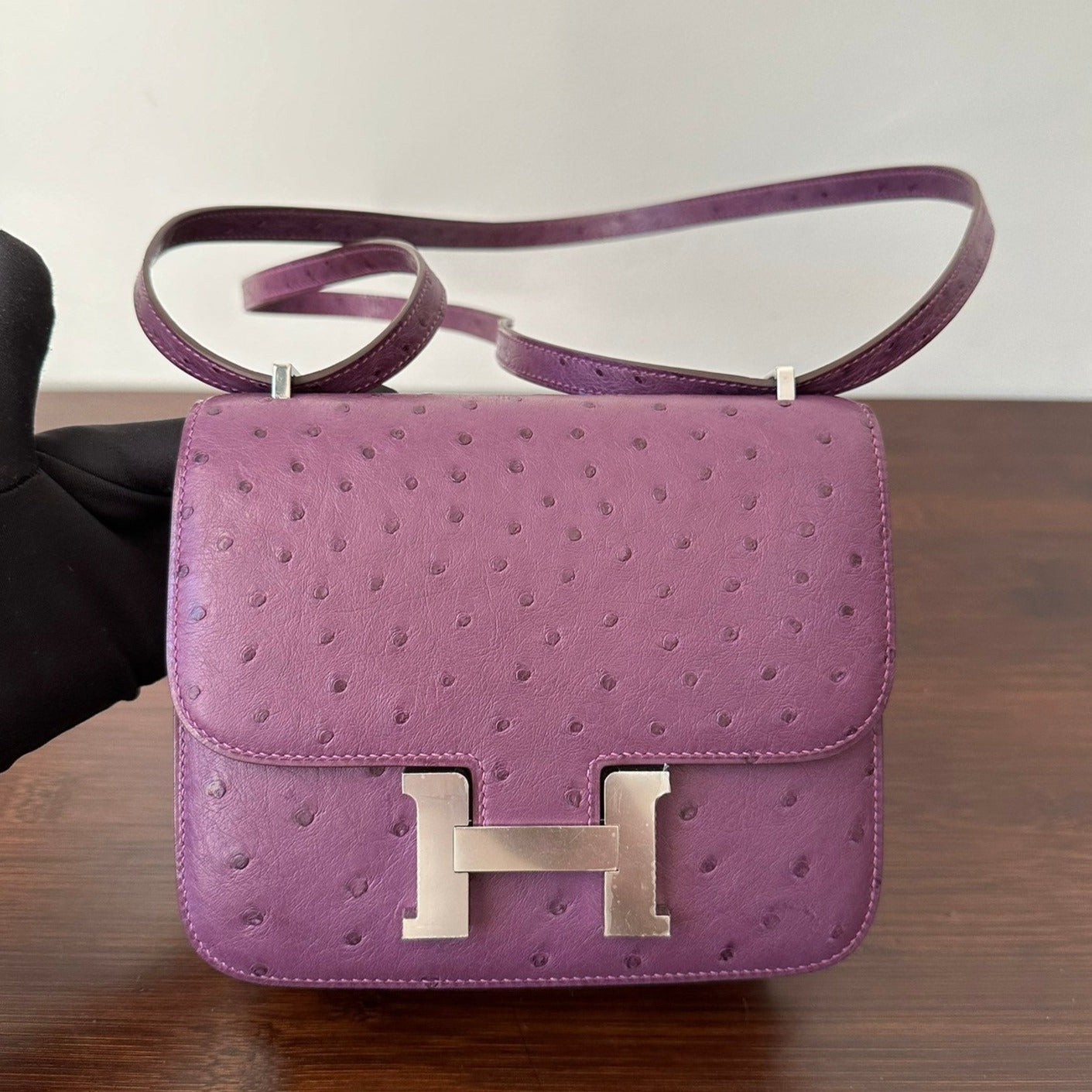 CONSTANCE 18 AUTRUCHE VIOLET QUINCAILLERIE ARGENTÉE 