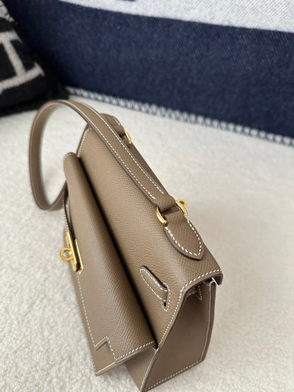 HM ケリー デソードル 20cm エトゥープ グレー エプソム ゴールド金具