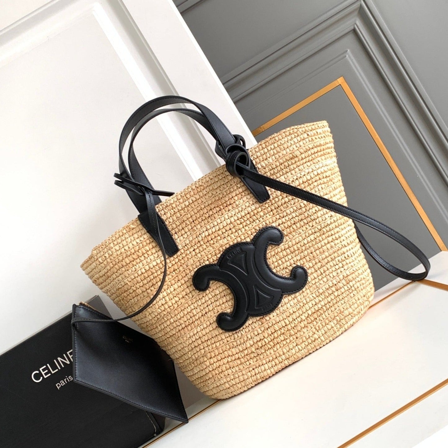Sac à dos classique souple pour adolescent 21 cm en raphia et cuir de veau noir