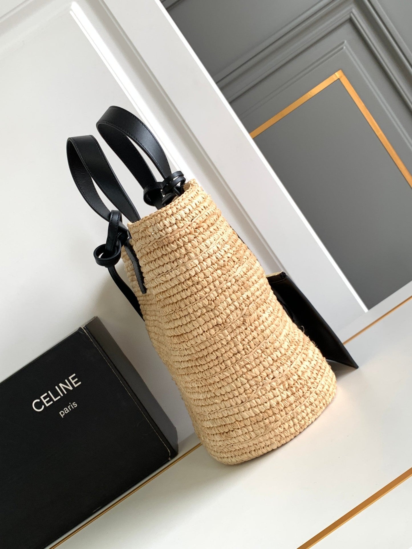 Sac à dos classique souple pour adolescent 21 cm en raphia et cuir de veau noir