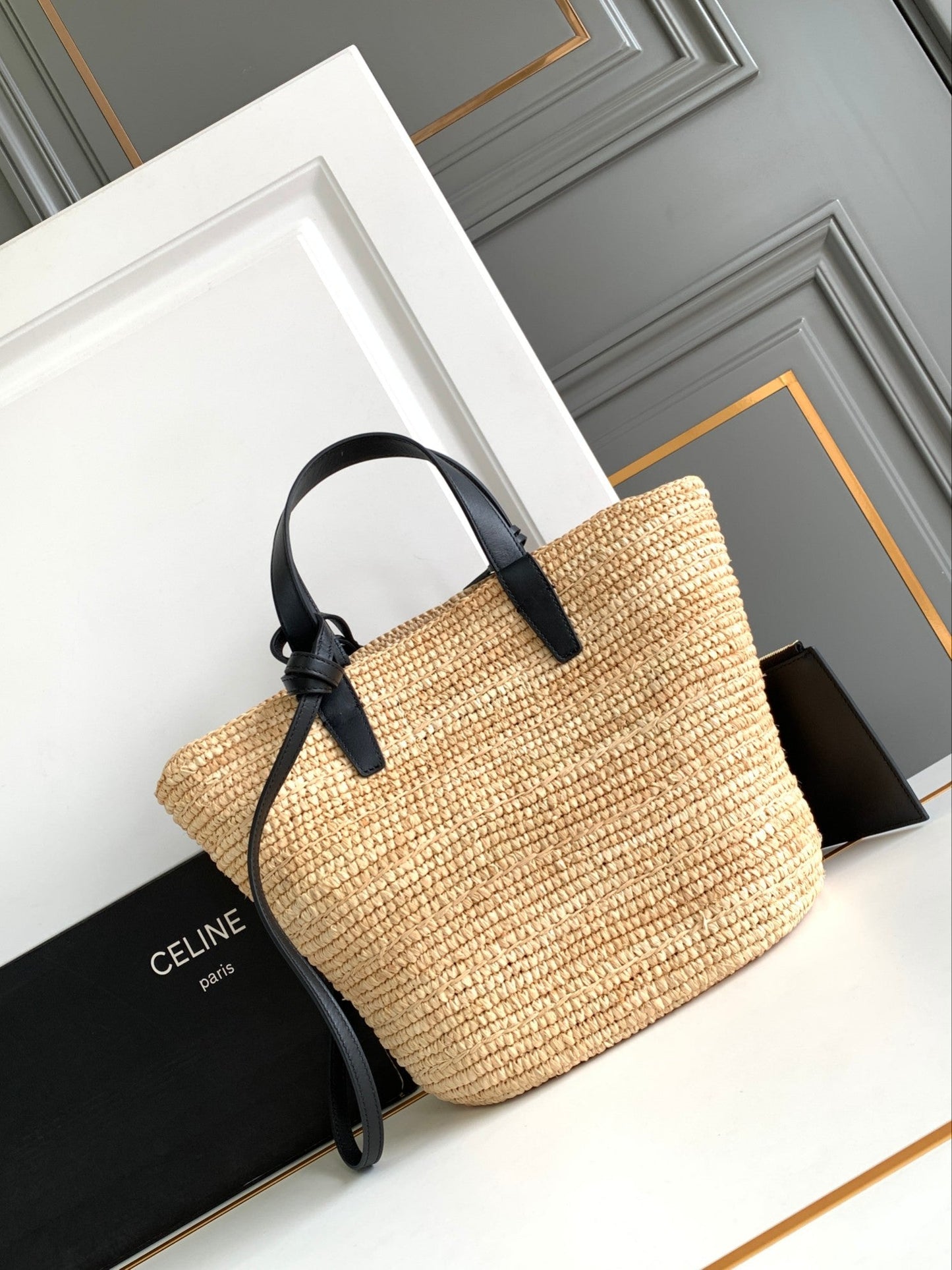 Sac à dos classique souple pour adolescent 21 cm en raphia et cuir de veau noir