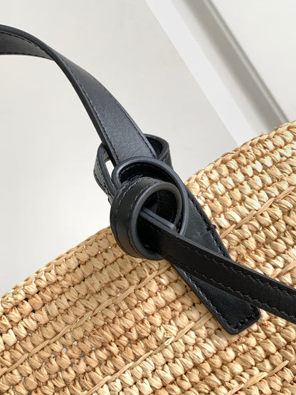 Sac à dos classique souple pour adolescent 21 cm en raphia et cuir de veau noir
