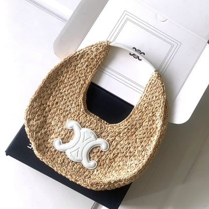 Sac hobo Celin Classic Panier 33 cm en raphia et cuir de veau blanc