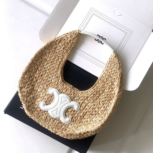 Sac hobo Celin Classic Panier 33 cm en raphia et cuir de veau blanc