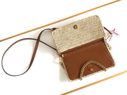 Celin Multipochette 23 en cuir de veau beige avec garnitures en raphia