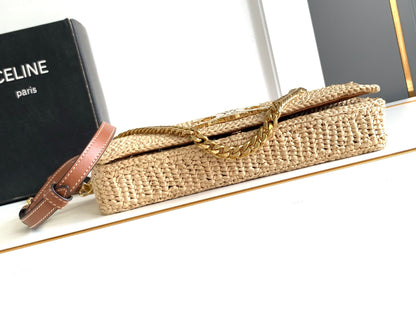 Celin Multipochette 23 en cuir de veau beige avec garnitures en raphia