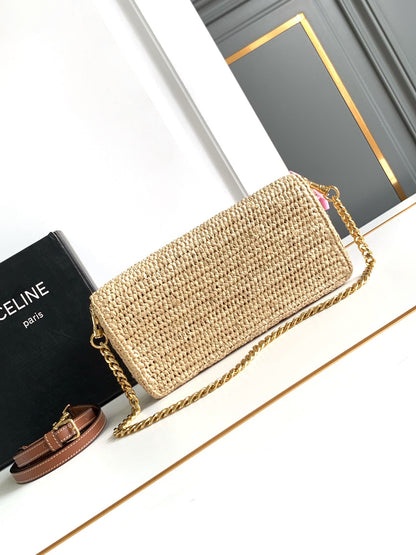 Celin Multipochette 23 en cuir de veau beige avec garnitures en raphia