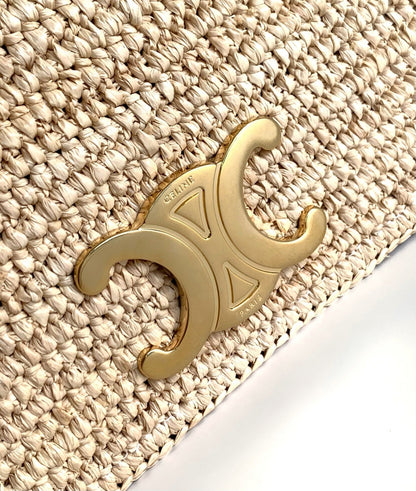 Celin Multipochette 23 en cuir de veau beige avec garnitures en raphia