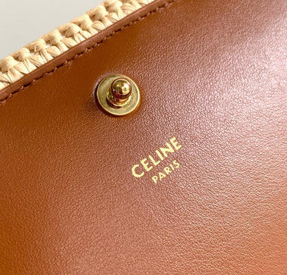 Celin Multipochette 23 en cuir de veau beige avec garnitures en raphia