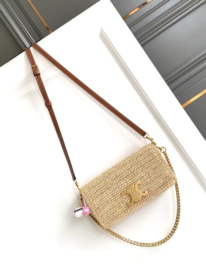 Celin Multipochette 23 en cuir de veau beige avec garnitures en raphia