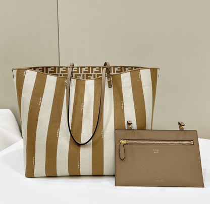 Sac cabas Fendi Roll 33 en toile blanche mélangée marron cacahuète