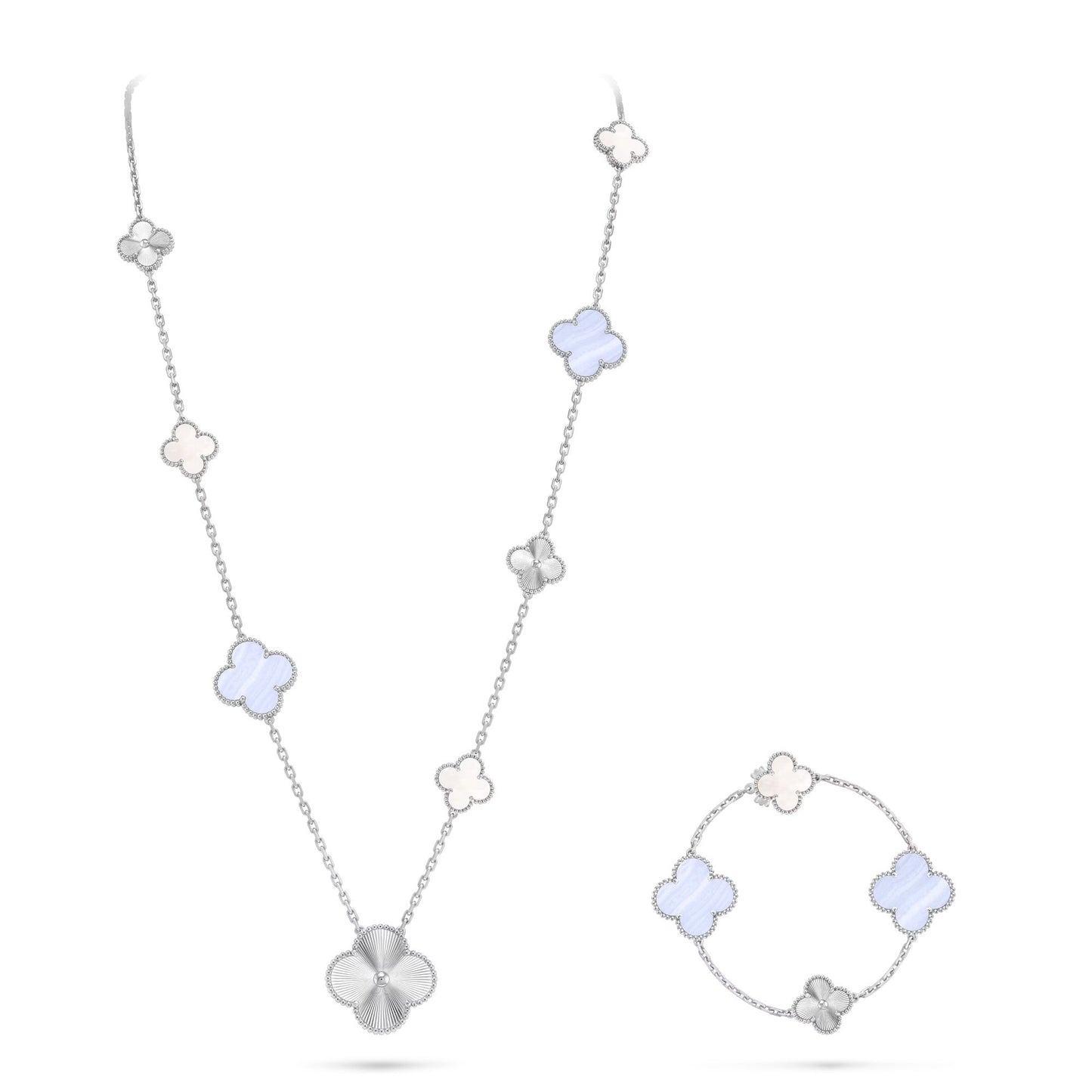 DETACHABLE CLOVER 15(11+4) FLOWER SILVER NECKLACE SET