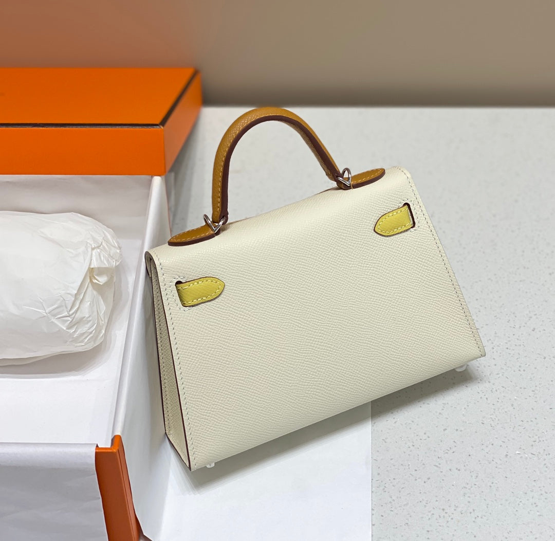 HM KELLY MINI 20 BLANC JAUNE MARRON EPSOM QUINCAILLERIE ARGENTÉE