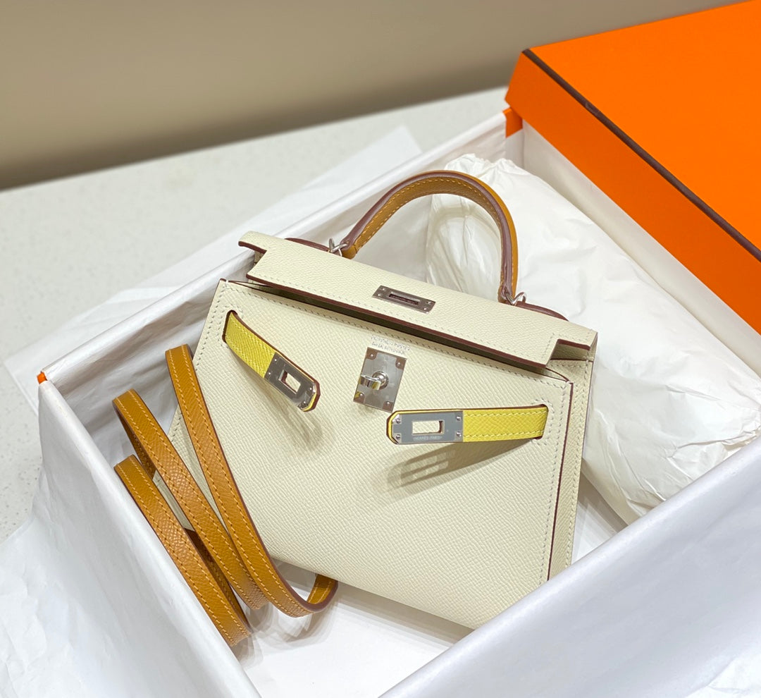HM KELLY MINI 20 BLANC JAUNE MARRON EPSOM QUINCAILLERIE ARGENTÉE