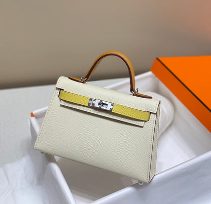HM KELLY MINI 20 BLANC JAUNE MARRON EPSOM QUINCAILLERIE ARGENTÉE