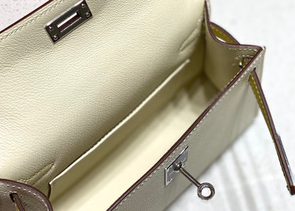 HM KELLY MINI 20 BLANC JAUNE MARRON EPSOM QUINCAILLERIE ARGENTÉE