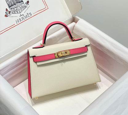 HM KELLY MINI 20 BLANC ROSE EPSOM QUINCAILLERIE OR