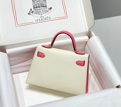 HM KELLY MINI 20 BLANC ROSE EPSOM QUINCAILLERIE OR